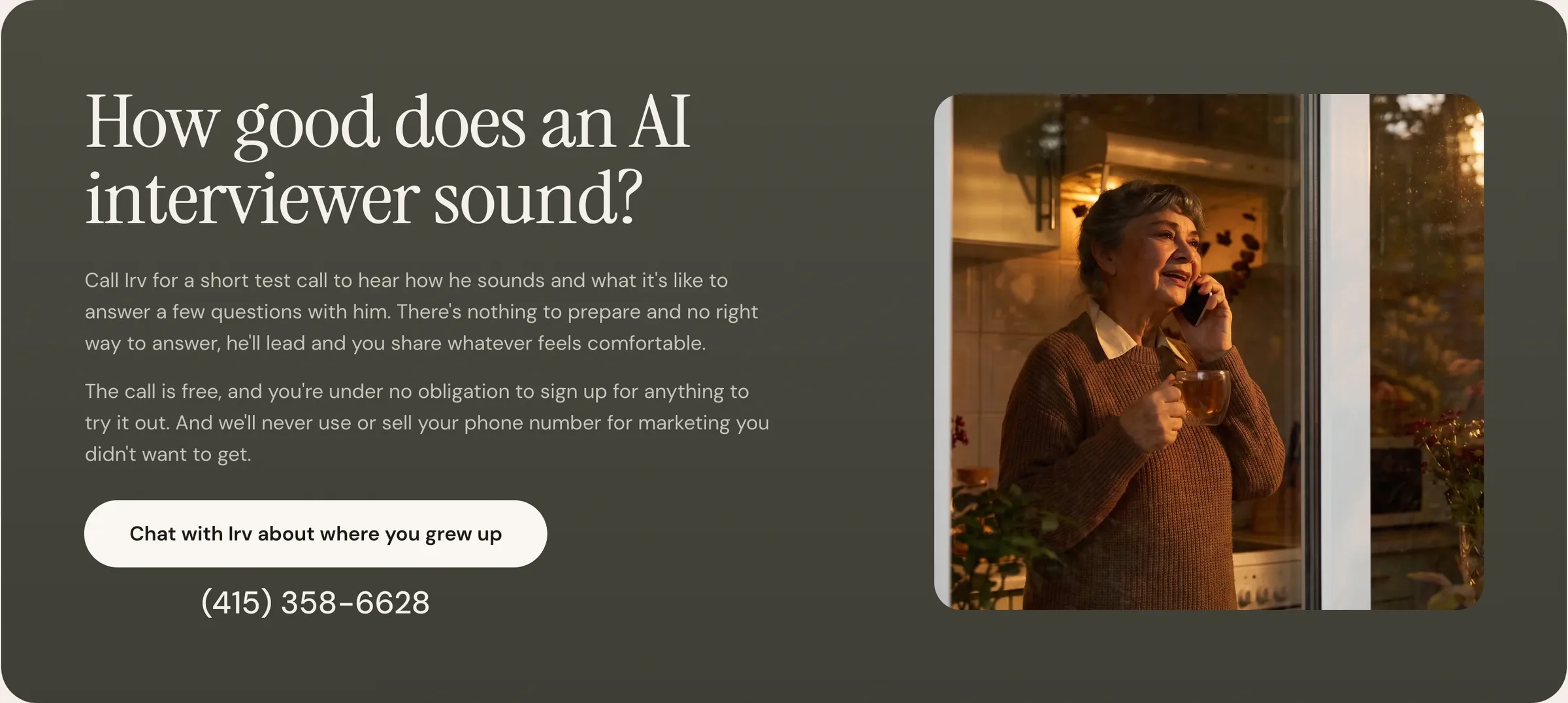 Wonder Life Story section inviting a free test call with Irv