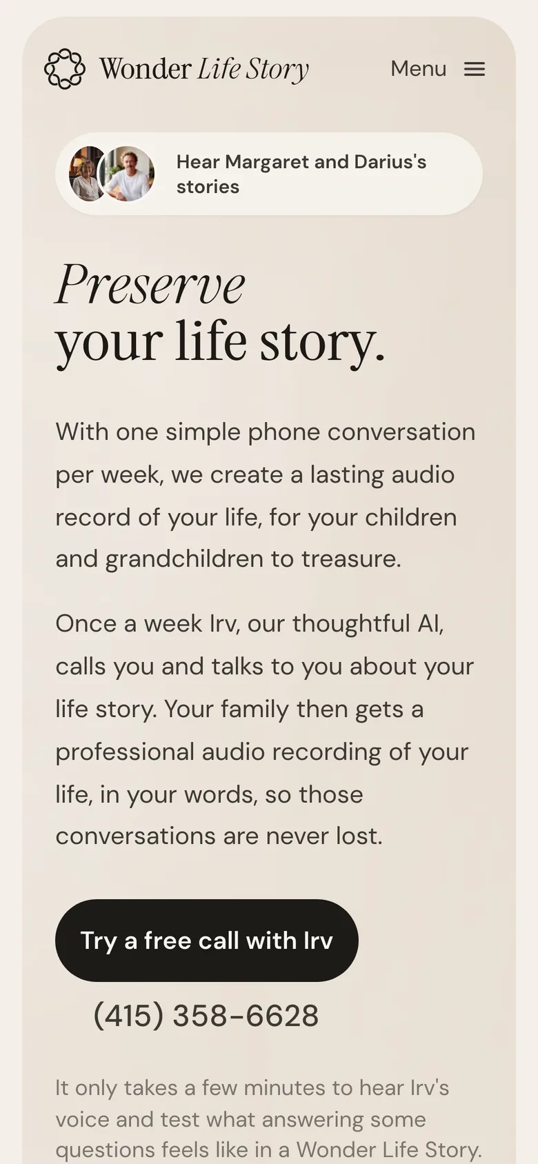 Wonder Life Story homepage on a phone